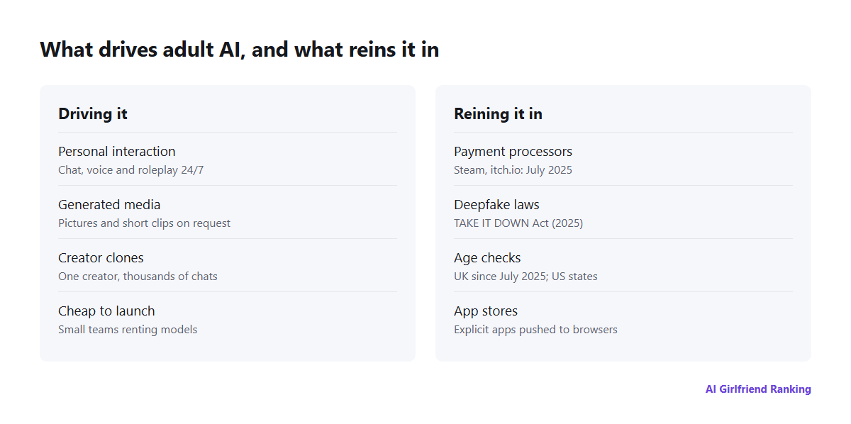 Forces acting on adult AI: personalization, generated media and AI clones driving it forward; payment processors, deepfake laws, age checks and app stores holding it back