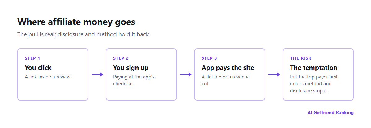 How affiliate money flows from a reader's subscription through the app to the review site, and where the incentive to bias a review appears