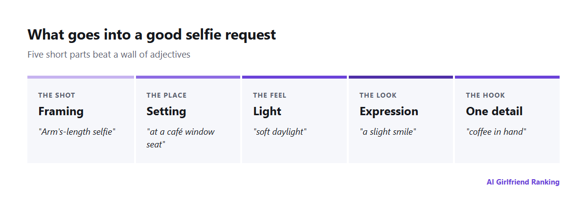 The parts of an AI selfie request: framing, setting, light, expression and one detail, each with an example