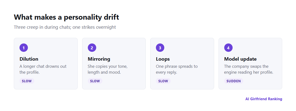 Four causes of personality drift: dilution from a growing chat, mirroring the user, repetitive loops, and model updates from the company
