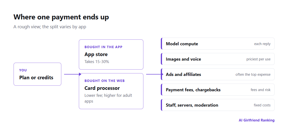 Diagram of how money flows through an AI companion app: the user pays through an app store or web checkout, the store takes a commission, and the company pays for model compute, image and voice generation, payment processing, affiliate commissions and staff