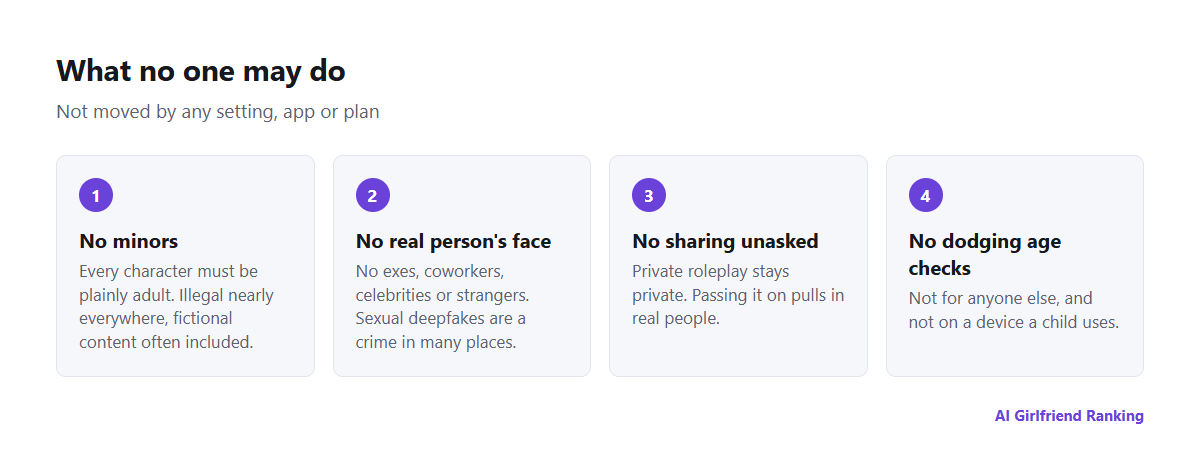 Four hard lines in NSFW AI chat: no minors, no real person's likeness, no sharing without consent, and no dodging age checks